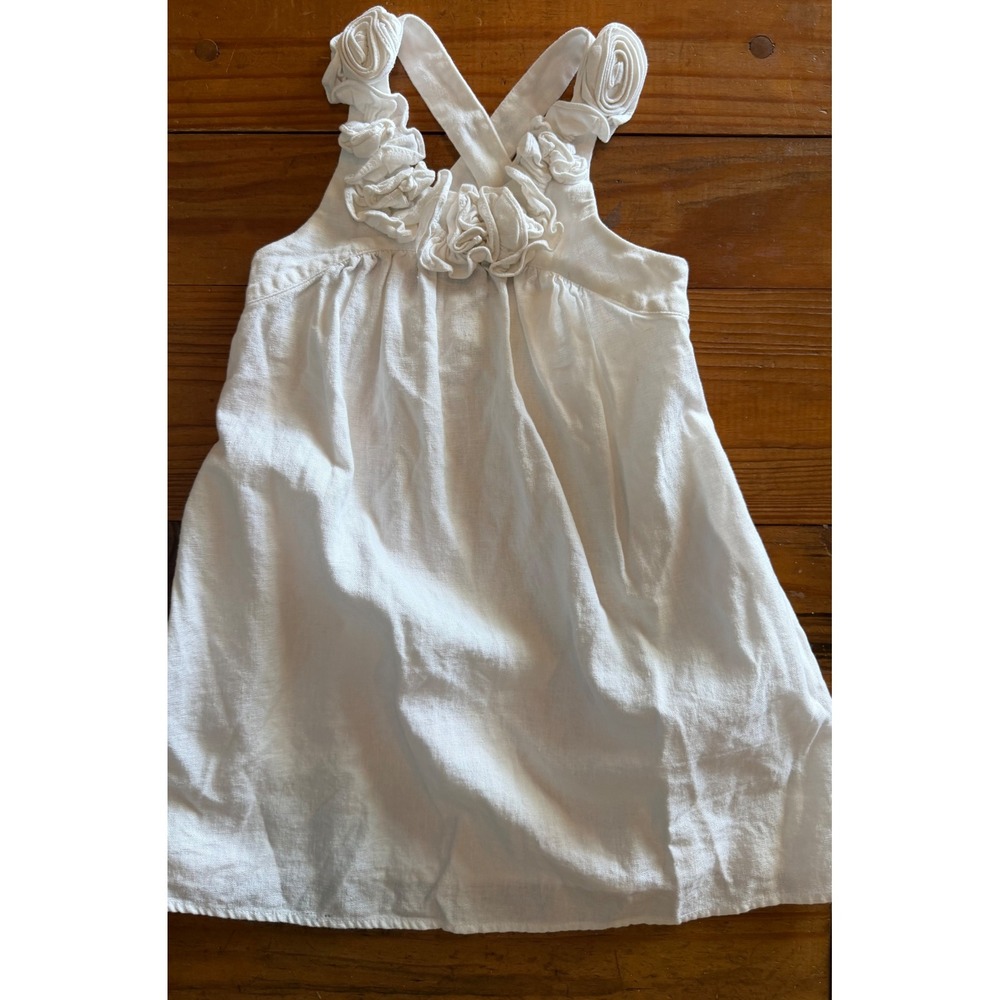 Kellys Kids 4-5 White Linen Blend Ruffle Rosette Sun Dress Girls